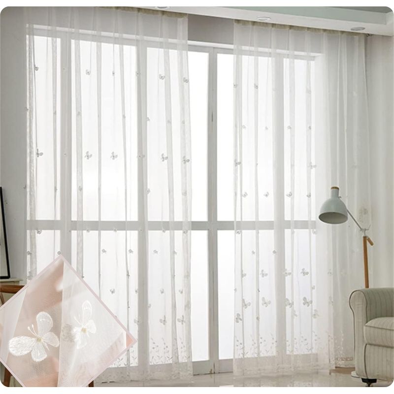 GENERICO - visillo tela delgada translucida con diseño bordado de mariposas  2 visillo 140x230 C/U