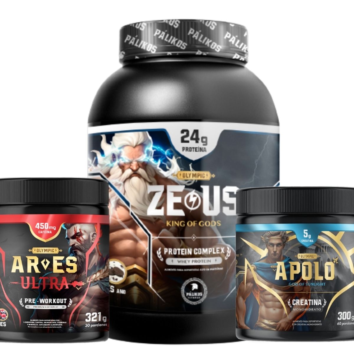 PALIKOS FITNESS - Pack Whey Protein ZeusComplex 1 kg + Creatina  + pre entreno Chocolate.