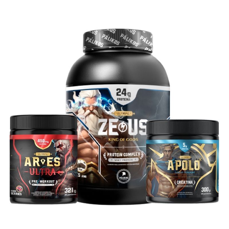 PALIKOS FITNESS - Pack Whey Protein ZeusComplex 1 kg + Creatina  + pre entreno Chocolate.