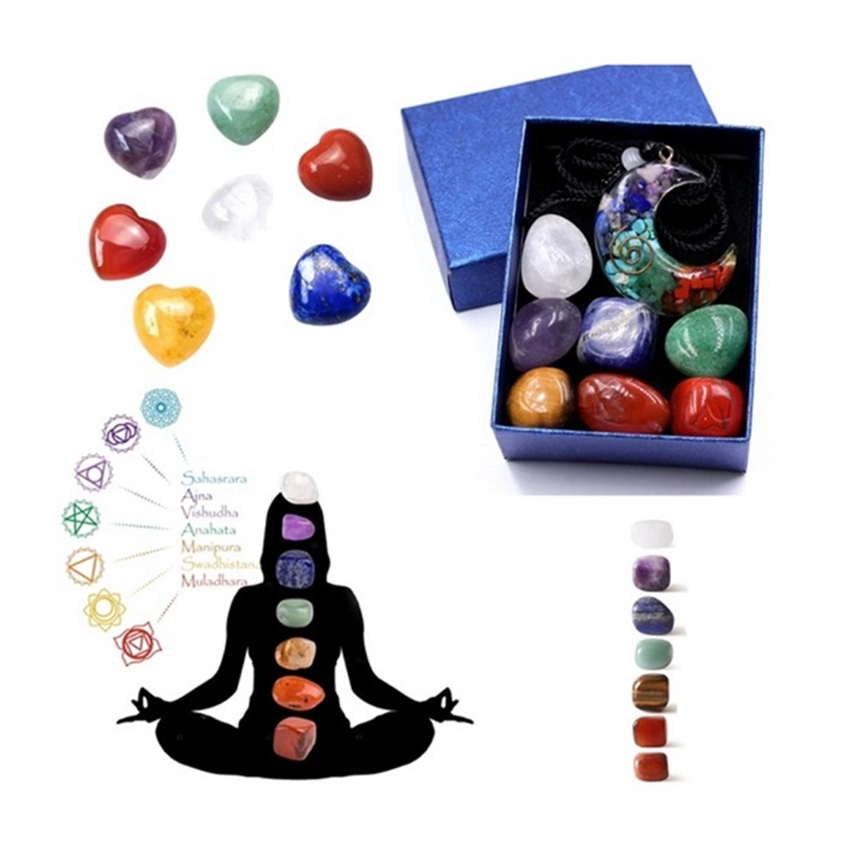 GENERICO - CONJUNTO DE PIEDRAS CURATIVAS Y COLLAR DE 7 CHAKRAS