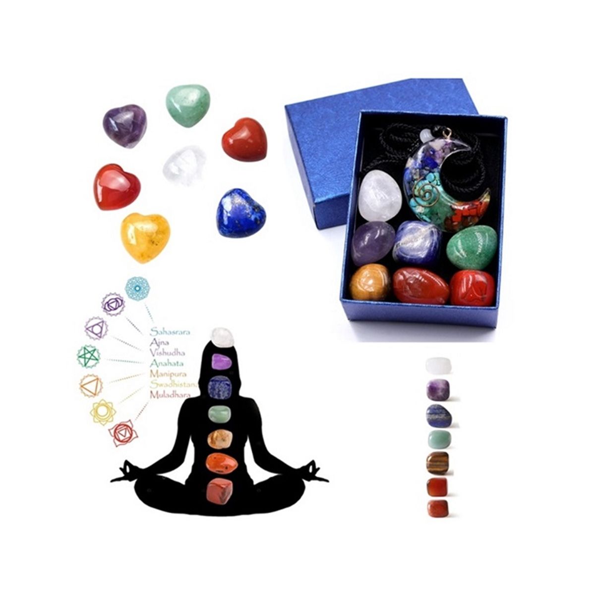 GENERICO - CONJUNTO DE PIEDRAS CURATIVAS Y COLLAR DE 7 CHAKRAS