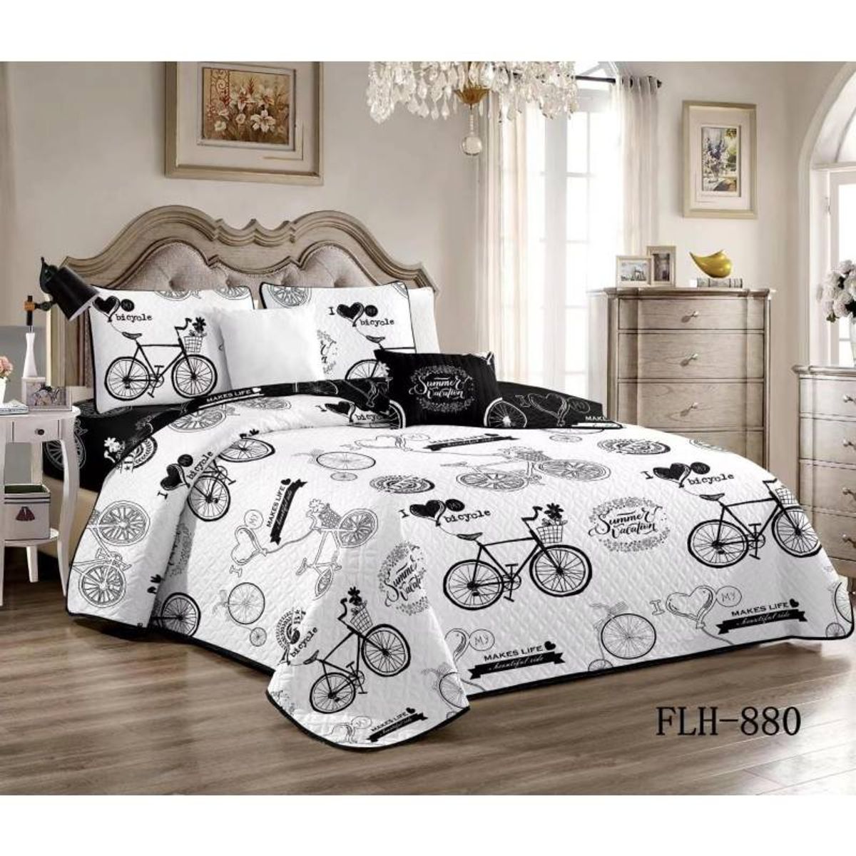 GENERICO - CUBRECAMA 2 PLAZA QUILT DE VERANO blanco diseño bicicleta MEIPULI