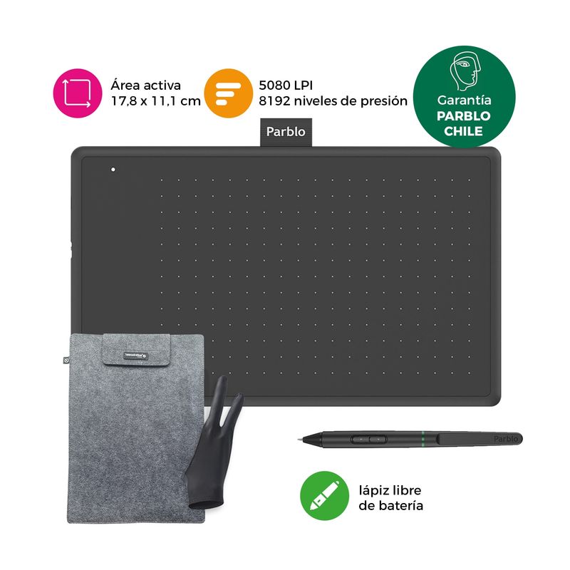 PARBLO - Tableta Gráfica Digitalizadora Parblo Ninos N7 Black Funda y Guante