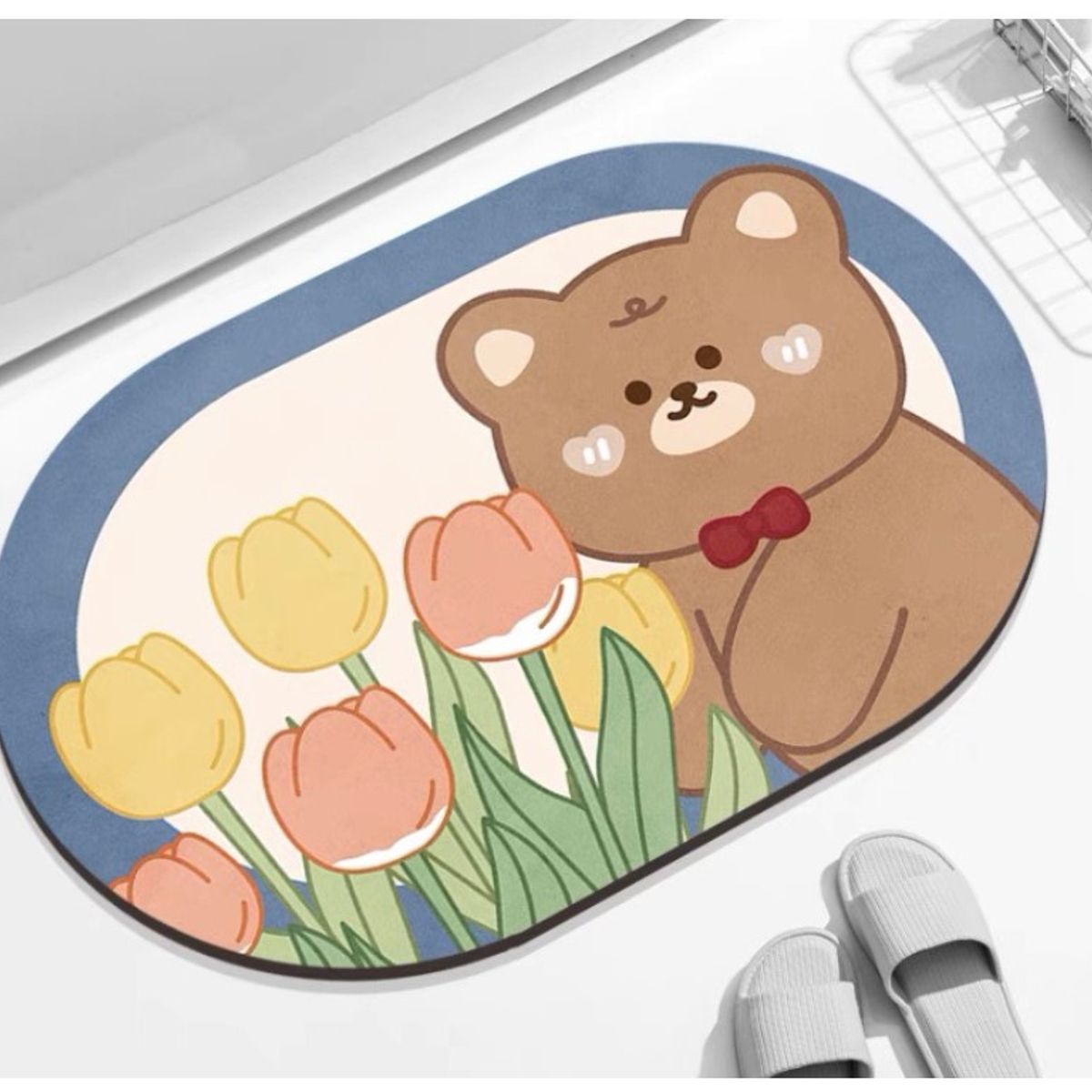 COMPRAPO - Alfombra Absorbente de Agua Baño Antideslizante Osito Flores Kawaii