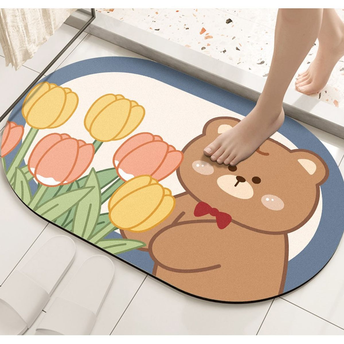 COMPRAPO - Alfombra Absorbente de Agua Baño Antideslizante Osito Flores Kawaii