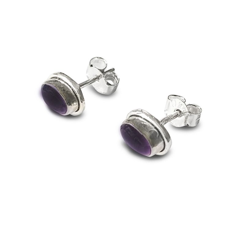 Aros Boton Ovalo Amatista Plata Fina 925 Morado TALLA UNICA