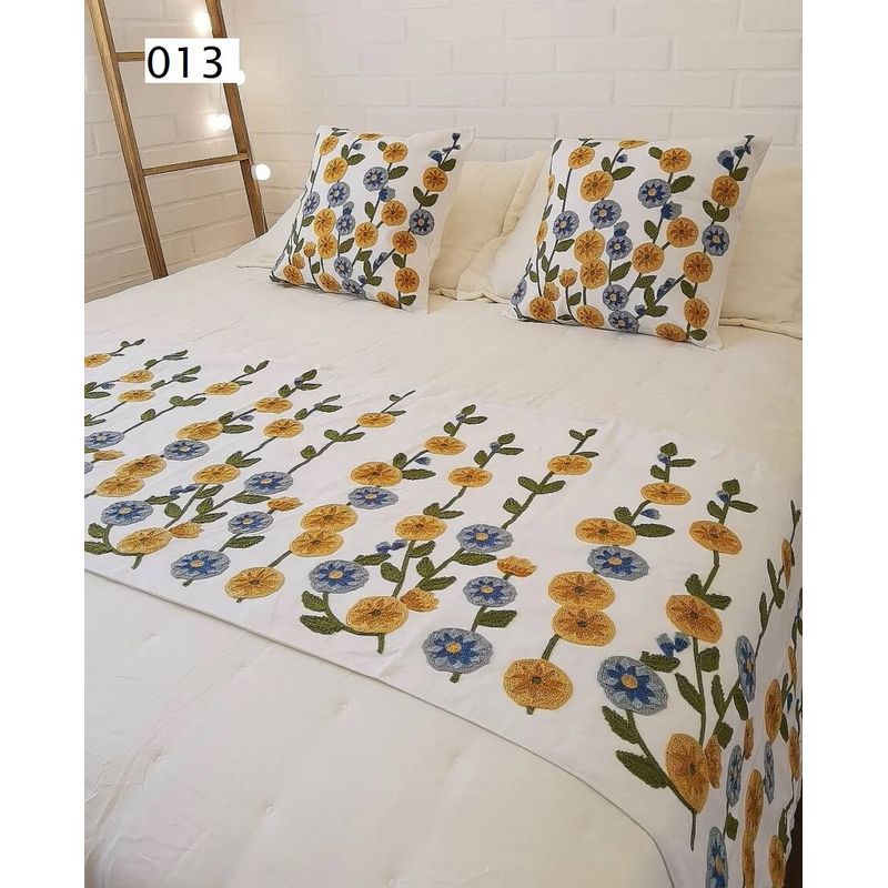 GENERICO - Piecera bordada 200x60 cm más 2 fundas de cojín- flores azul/amarillo