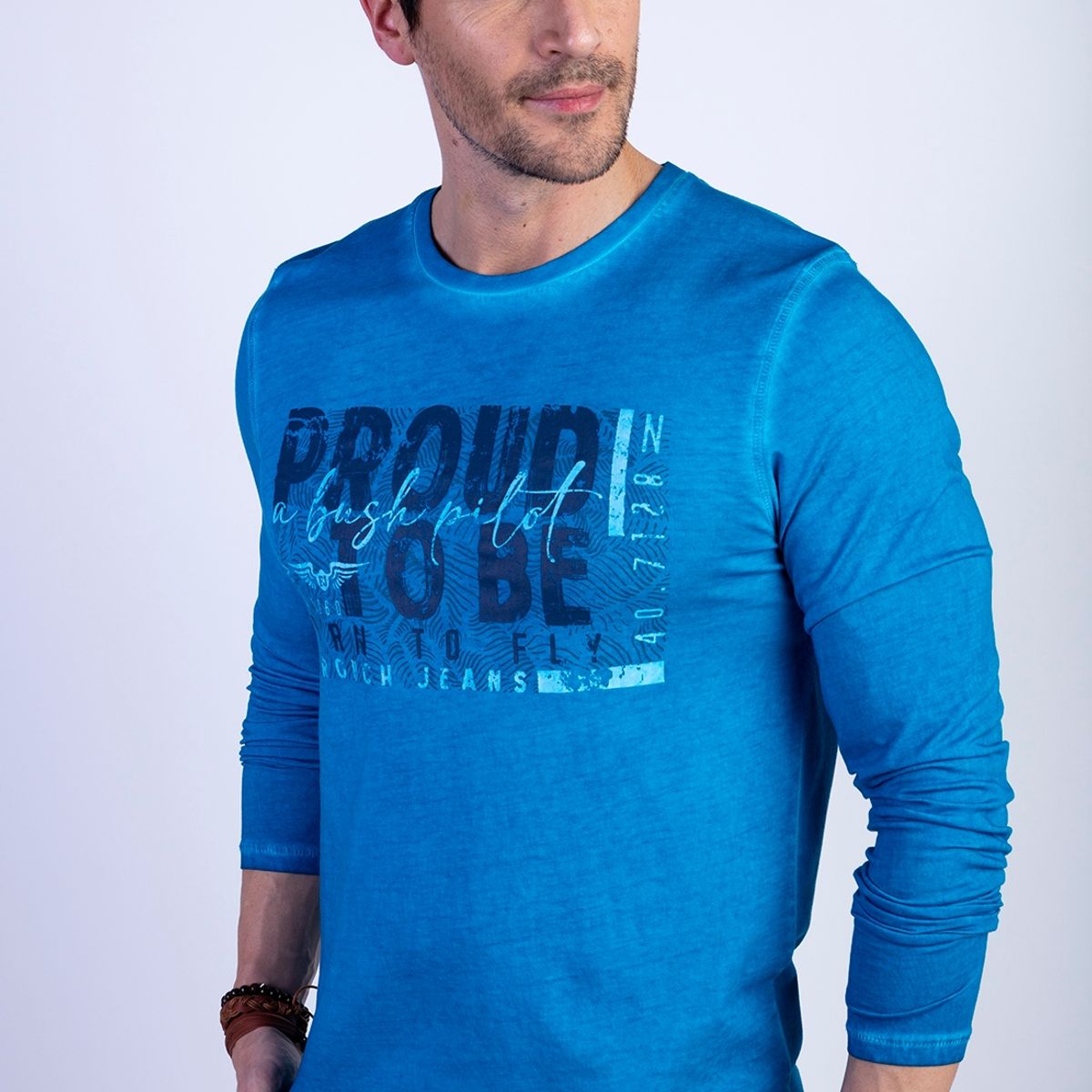 FEROUCH - Polera Basica Manga Larga Lavada Michigan Azul Ferouch