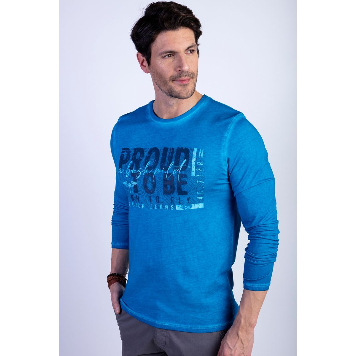 FEROUCH - Polera Basica Manga Larga Lavada Michigan Azul Ferouch
