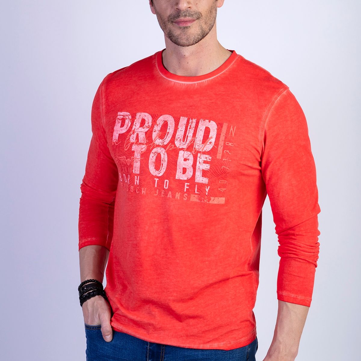 FEROUCH - Polera Basica Manga Larga Lavada Michigan Rojo Ferouch