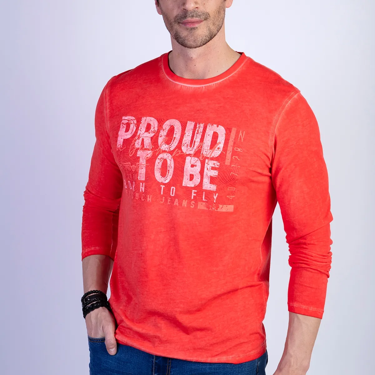 FEROUCH - Polera Basica Manga Larga Lavada Michigan Rojo Ferouch