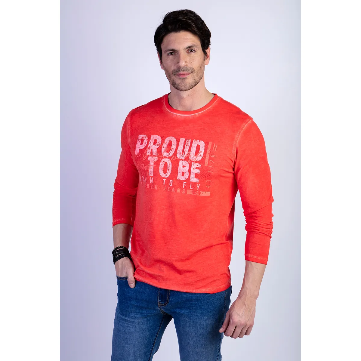 FEROUCH - Polera Basica Manga Larga Lavada Michigan Rojo Ferouch