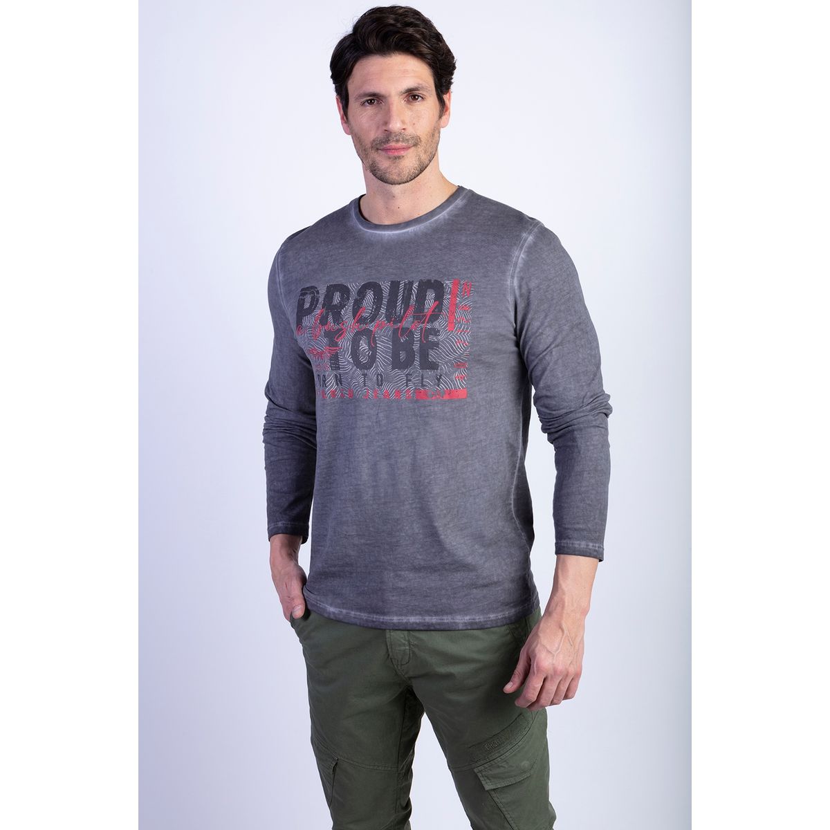 FEROUCH - Polera Basica Manga Larga Lavada Michigan Gris Ferouch