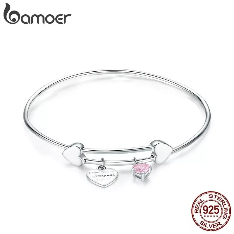 GENERICO - Pulsera brazalete de Plata de Ley 925 con forma de corazón ajustable.
