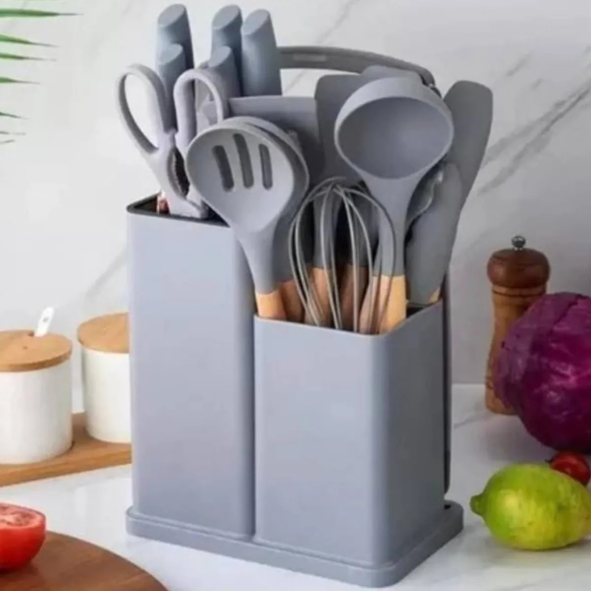 GENERICO - Juego Utensilios De Cocina De Silicona Con Soporte De Madera