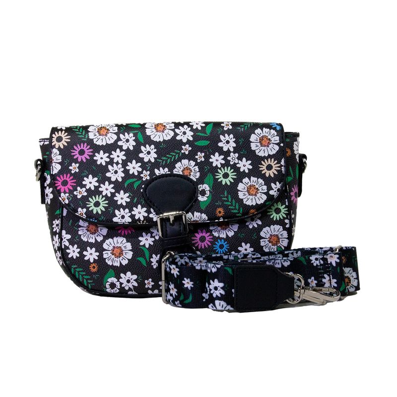 MAILEA - Bandolera ecocuero full flores para mujer negro