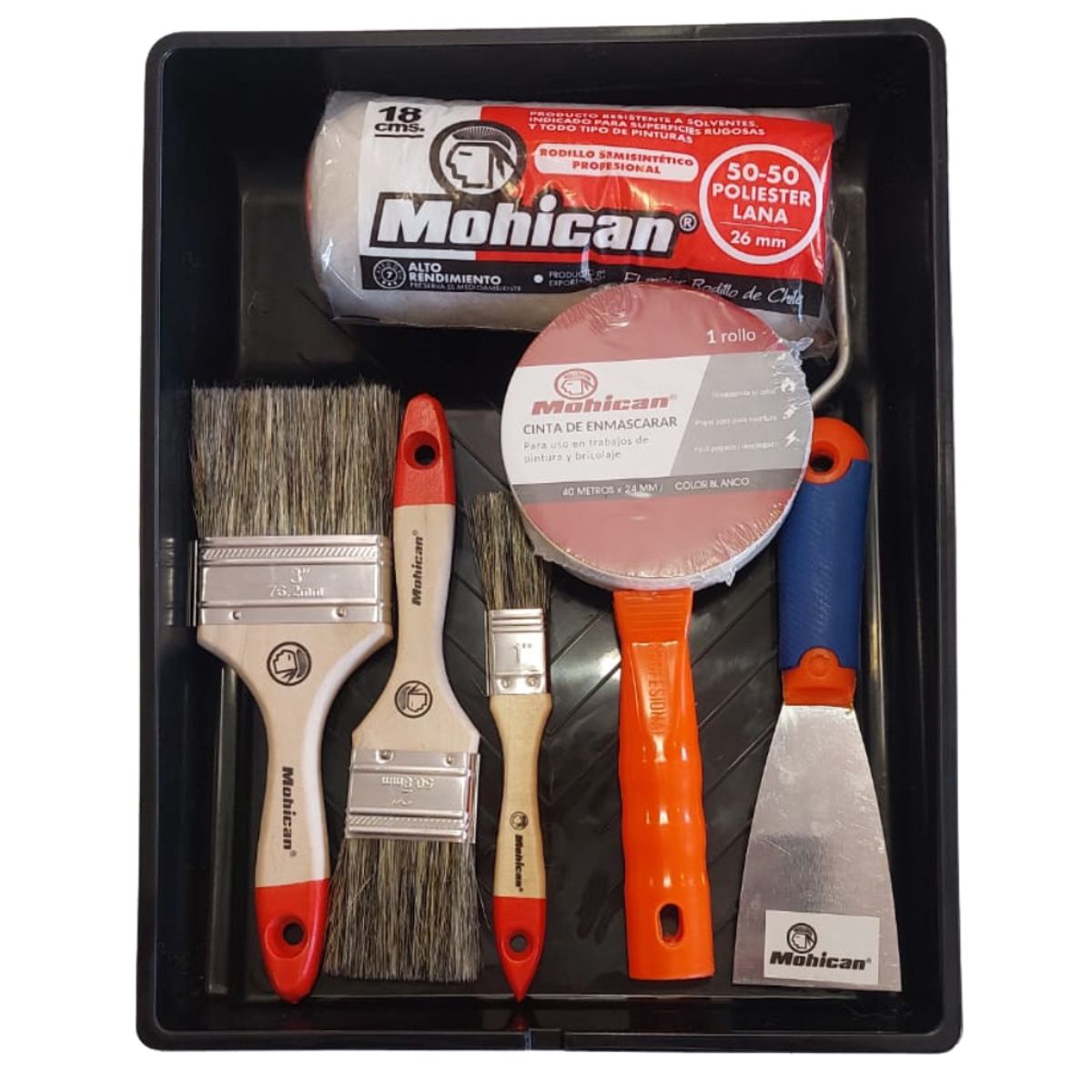 MOHICAN - PROMO BANDEJA +BROCHAS +RODILLO POLILANA + ESPATULA+ MASKING