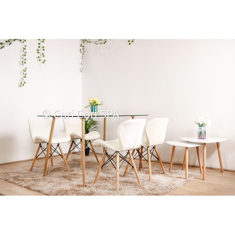CORI CORI - Juego de Comedor Vidrio 120x 80 cm + 4 Sillas Mariposa Eames Blanca