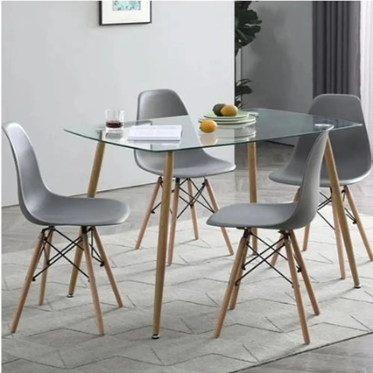 CORI CORI - Juego de Comedor Vidrio 120x80cm + 4 Sillas Eames Gris…