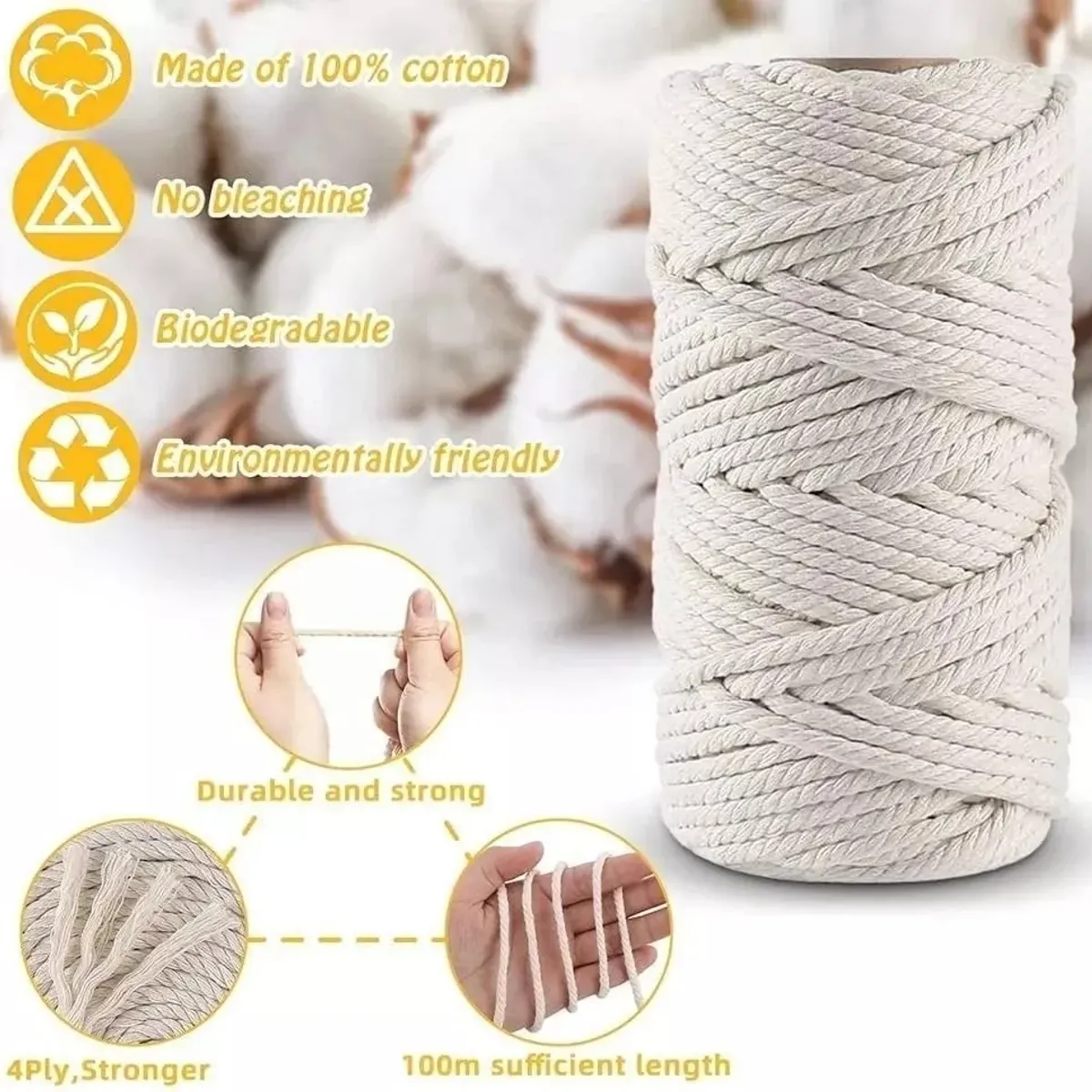 KUANGYE - Hilo De Algodón Cuerda Macramé Tejer Cordón 3mmx300mts