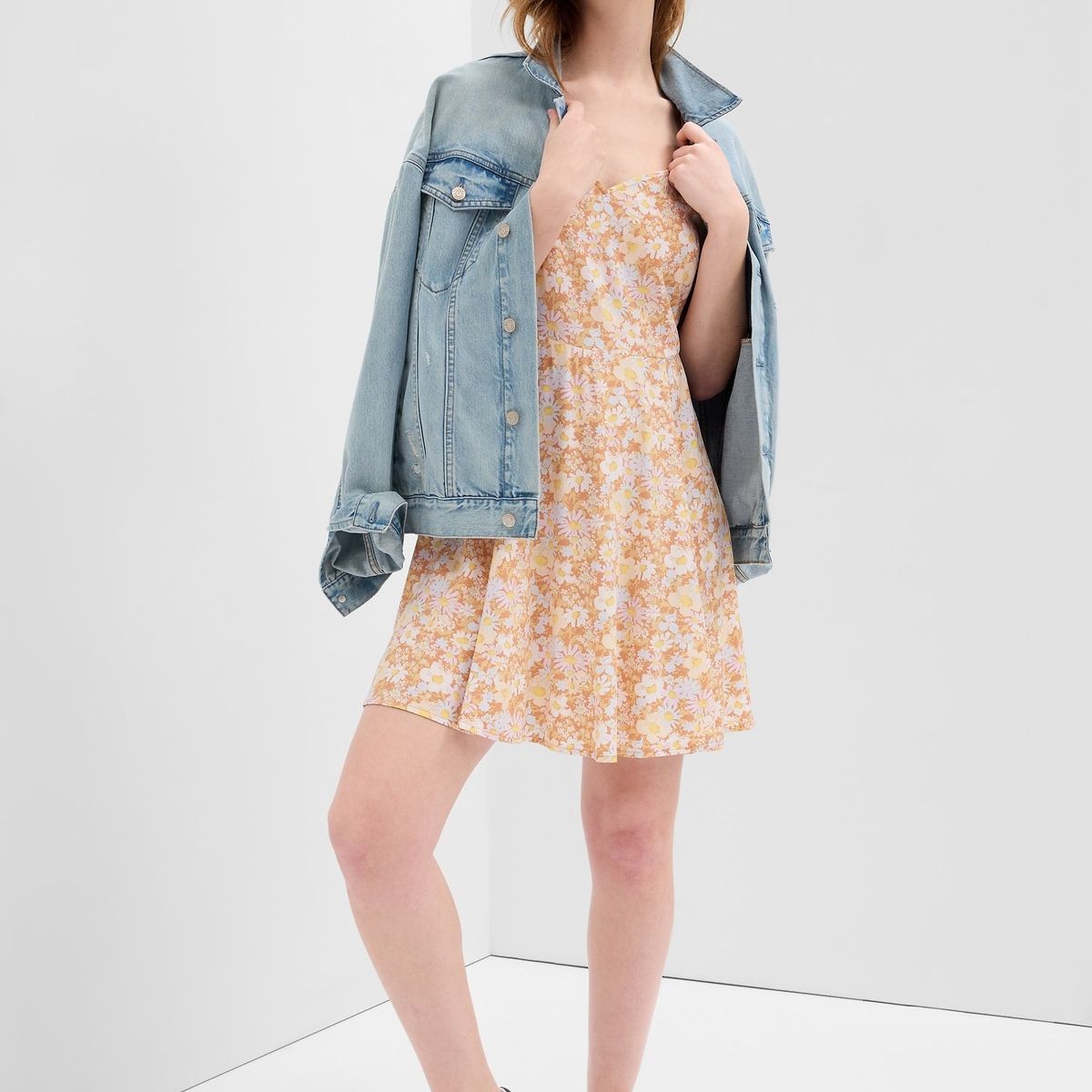 GAP - Vestido Corto Tiritas Floreado Amarillo Mujer GAP