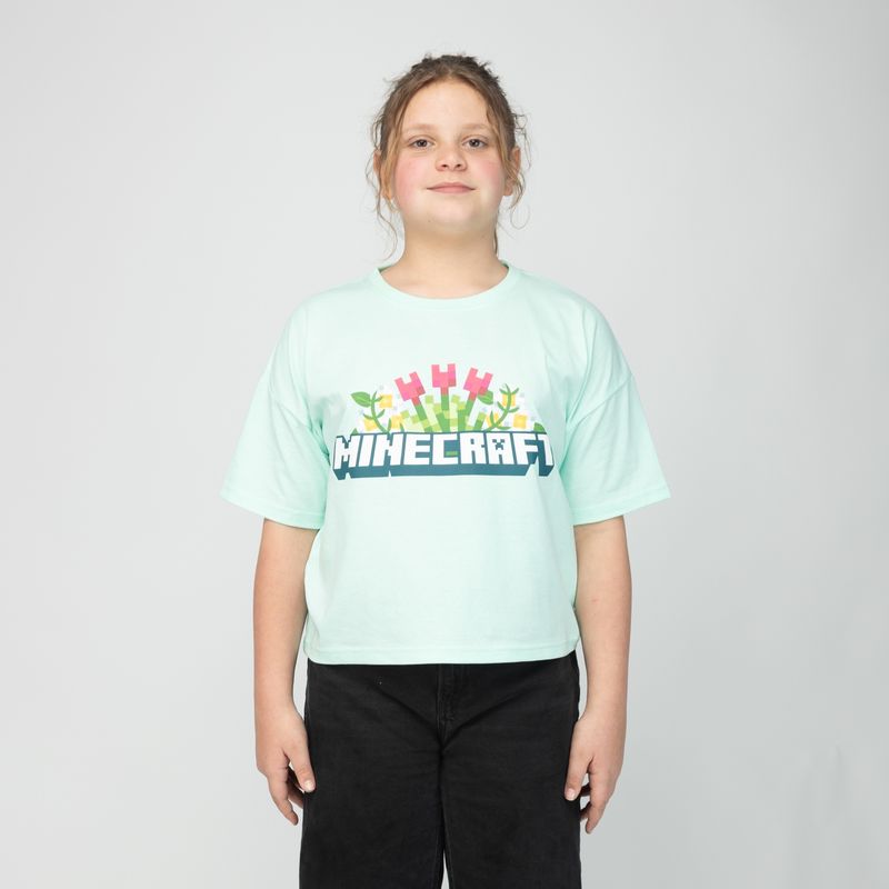 MINECRAFT - Polera Niña Minecraft Flores Verde Minecraft