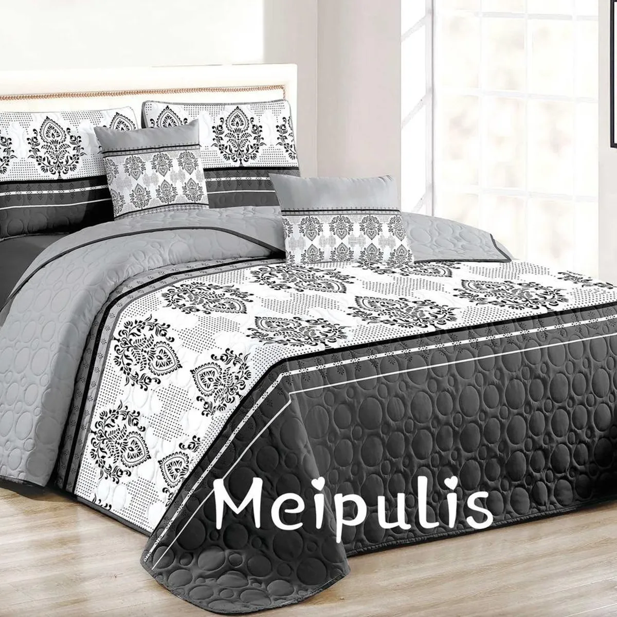 GENERICO - CUBRECAMA KING TELA QUILT DE Verano GRIS CON DISEÑO meipulis