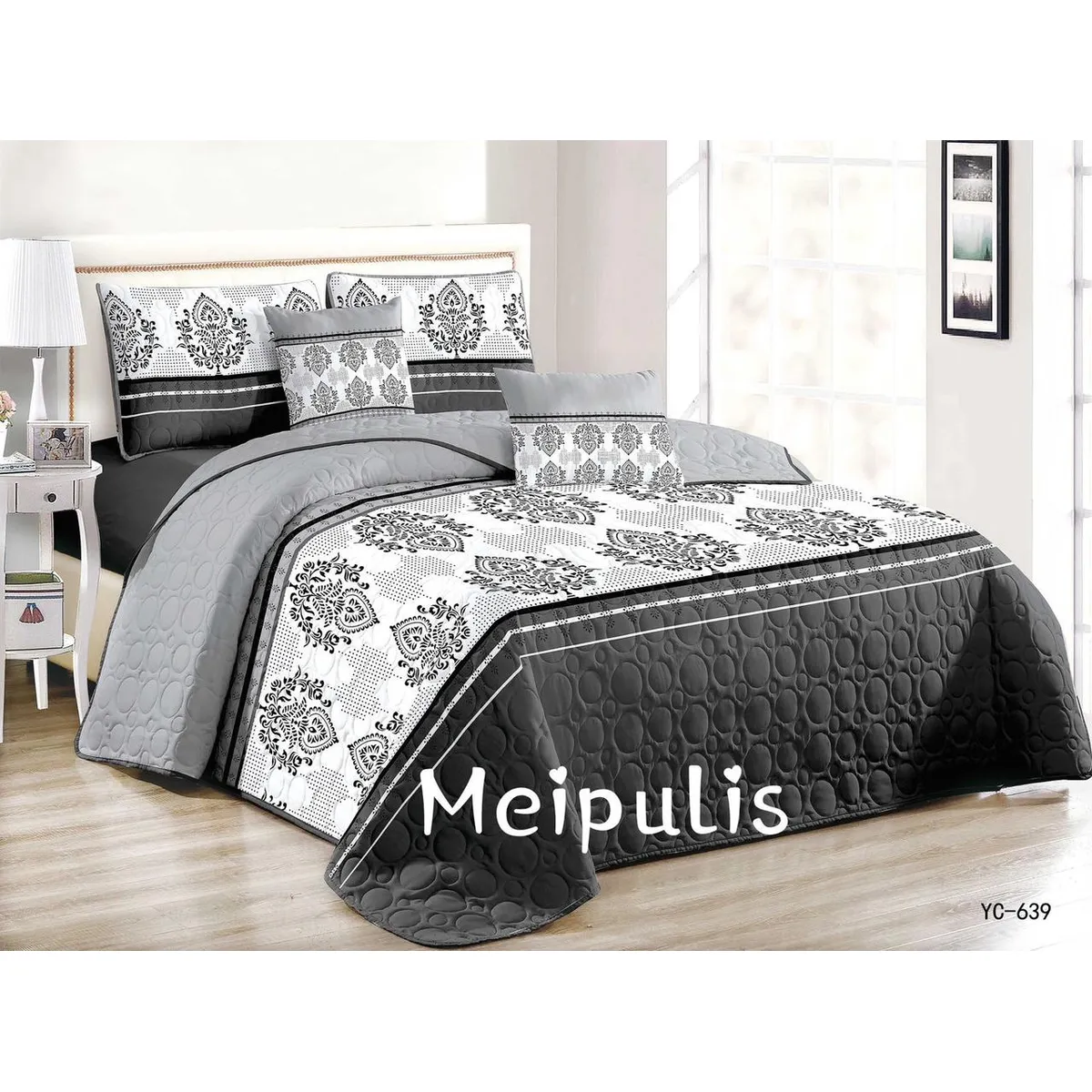 GENERICO - CUBRECAMA KING TELA QUILT DE Verano GRIS CON DISEÑO meipulis