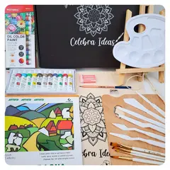 CELEBRA IDEAS - Set Arte pinturas óleos kit Croquera 10 Lienzos tela y atril