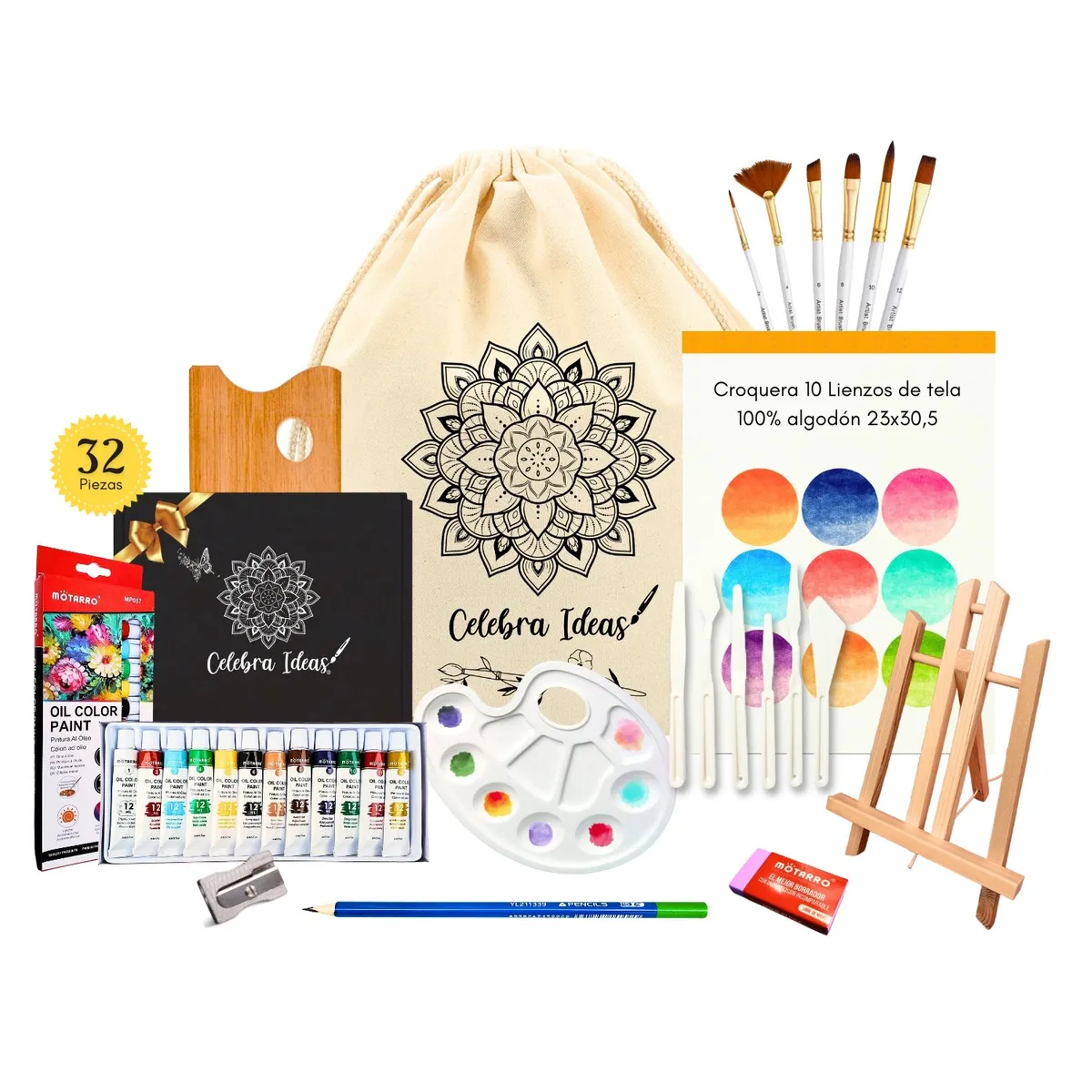 CELEBRA IDEAS - Set Arte pinturas óleos kit Croquera 10 Lienzos tela y atril