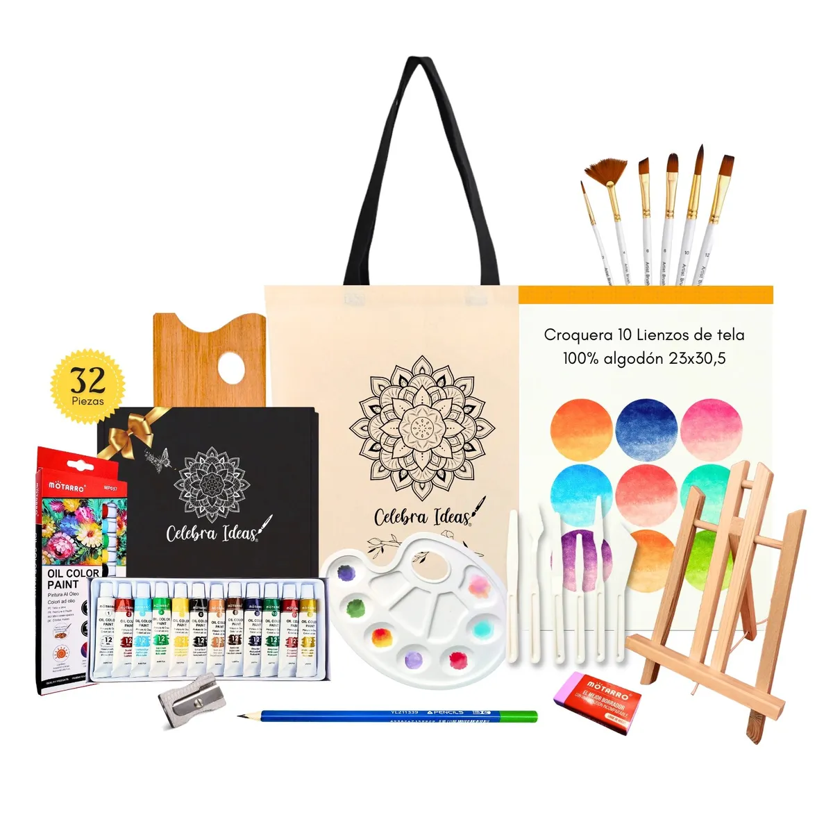 CELEBRA IDEAS - Set de Arte kit pinturas Óleos Croquera 10 Lienzos algodón