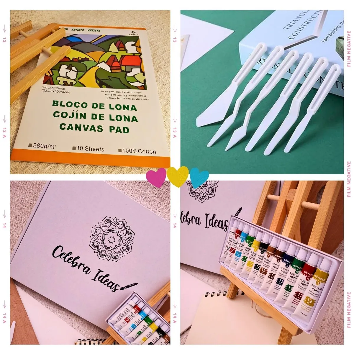 CELEBRA IDEAS - Set de Arte kit pinturas Óleos Croquera 10 Lienzos algodón