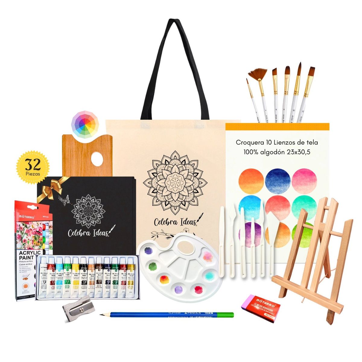 CELEBRA IDEAS - Set Arte kit pinturas Acrílicos Croquera 10 Lienzos 32 Pcs.