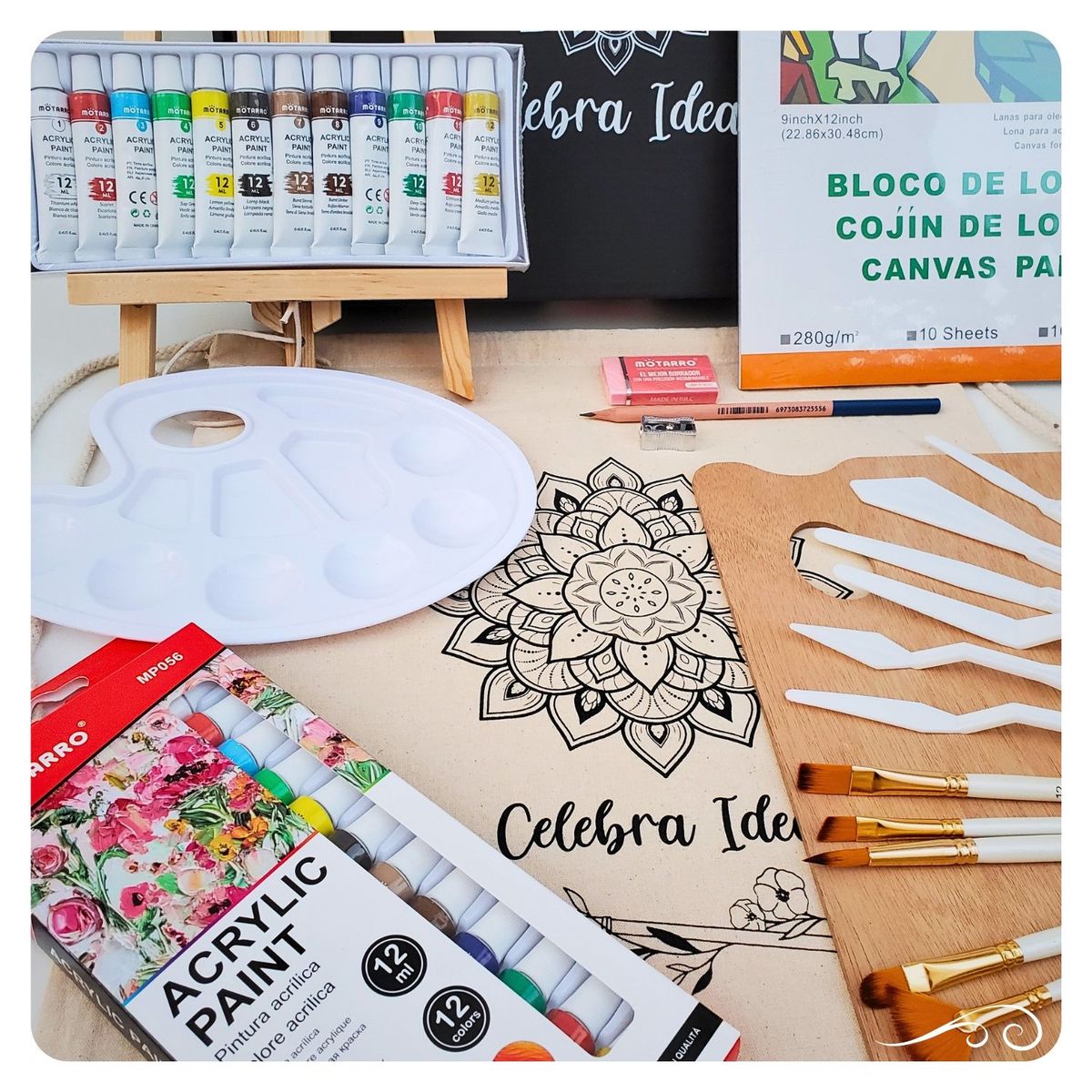 CELEBRA IDEAS - Set Arte kit pinturas Acrílicos Croquera 10 Lienzos 32 Pcs.