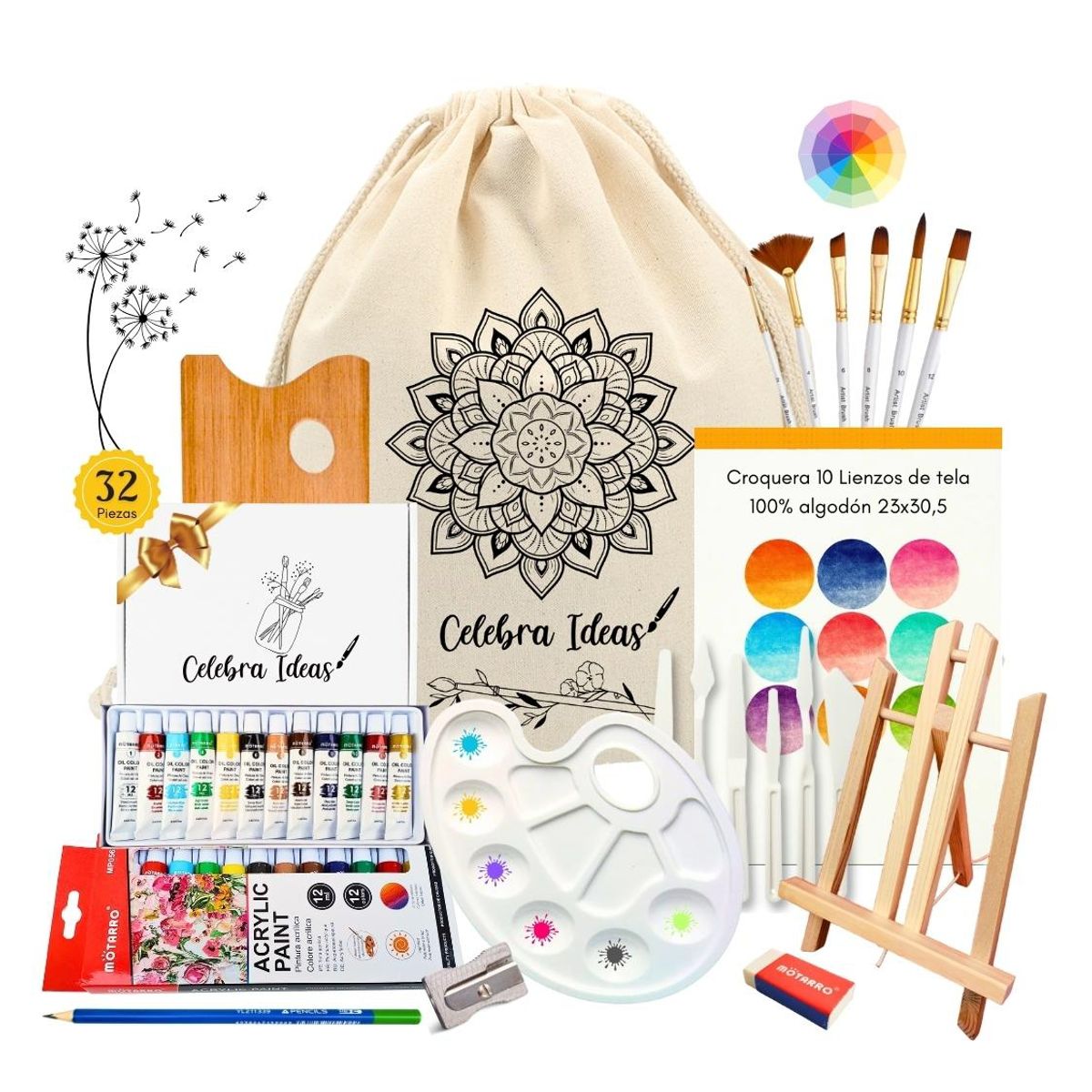 CELEBRA IDEAS - Set Arte pinturas acrílicos kit Croquera 10 Lienzos 32 pcs
