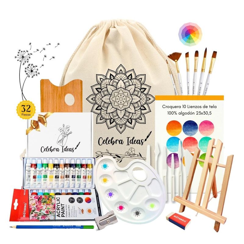 CELEBRA IDEAS - Set Arte pinturas acrílicos kit Croquera 10 Lienzos 32 pcs