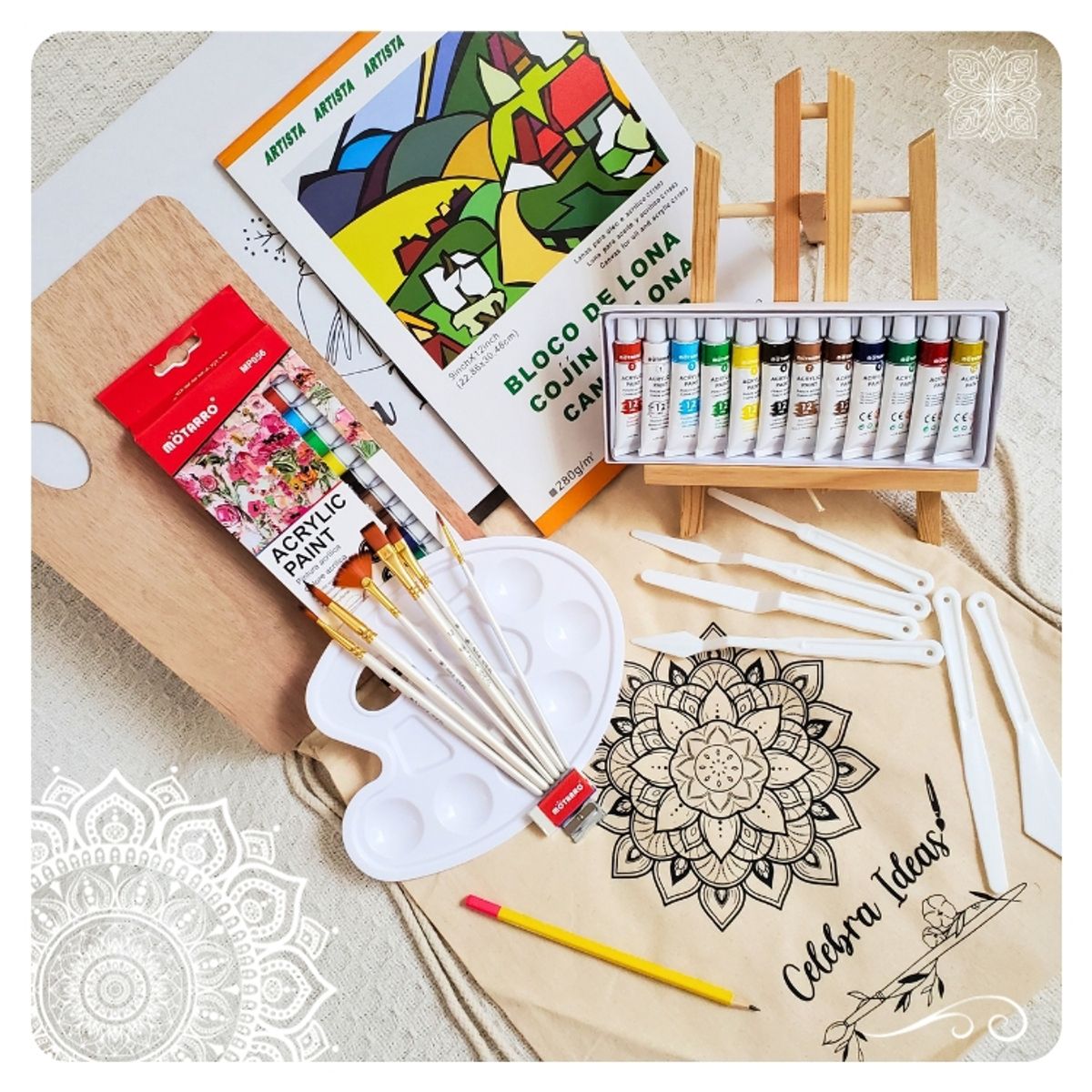 CELEBRA IDEAS - Set Arte pinturas acrílicos kit Croquera 10 Lienzos 32 pcs