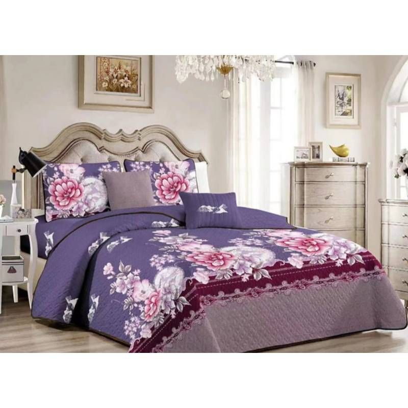 GENERICO - CUBRECAMA KING TELA QUILT DE Verano morado diseño de flores meipulis.
