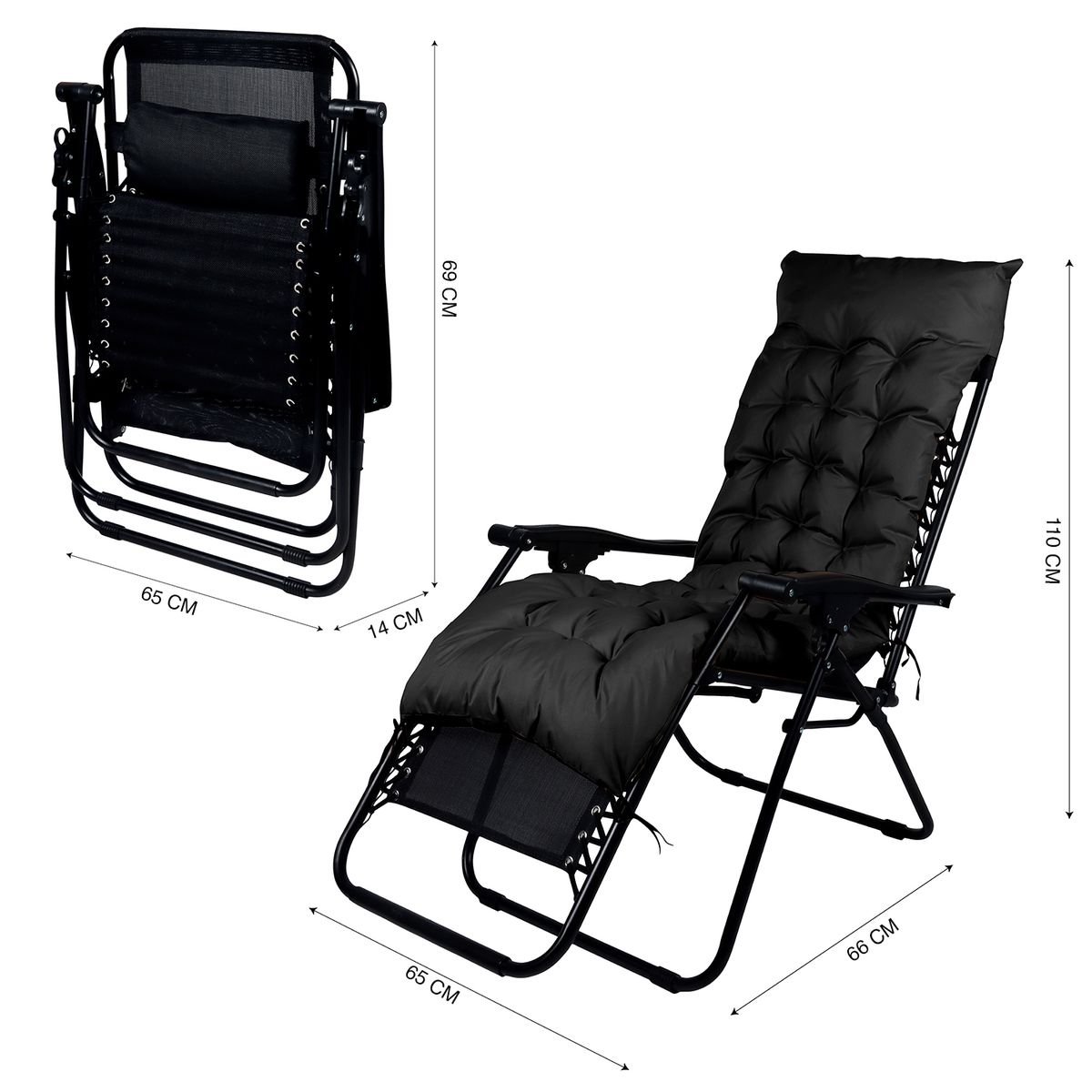 NOVAHUS - Reposera Plegable con Acolchado Negro