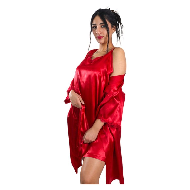 MEDIA LUNA - Pijama Camisola Corta de Tirantes Y Bata Satinada  Diseño Color Liso