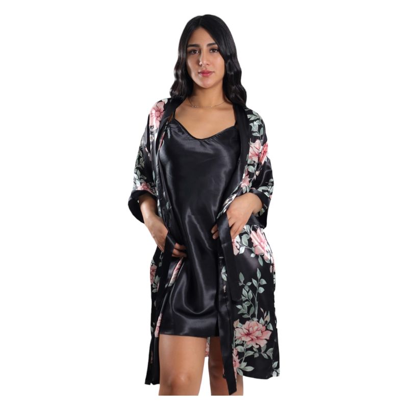MEDIA LUNA - Pijama Camisola Corta de Tirantes Y Bata Satinada Diseño Floreado