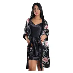 MEDIA LUNA - Pijama Camisola Corta de Tirantes Y Bata Satinada Diseño Floreado