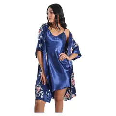 MEDIA LUNA - Pijama Camisola Corta de Tirantes Y Bata Satinada Diseño Floreado