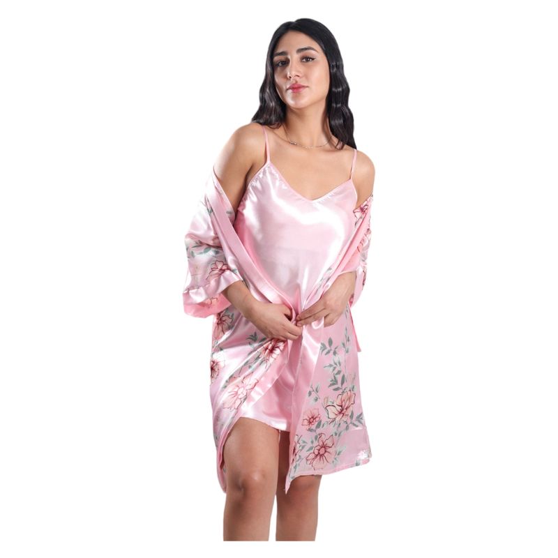 MEDIA LUNA - Pijama Camisola Corta de Tirantes Y Bata Satinada Diseño Floreado