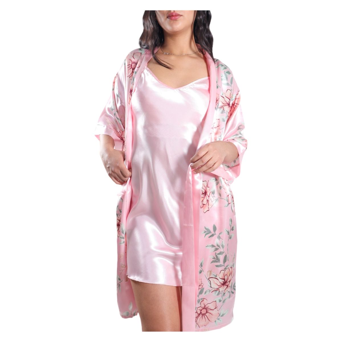 MEDIA LUNA - Pijama Camisola Corta de Tirantes Y Bata Satinada Diseño Floreado