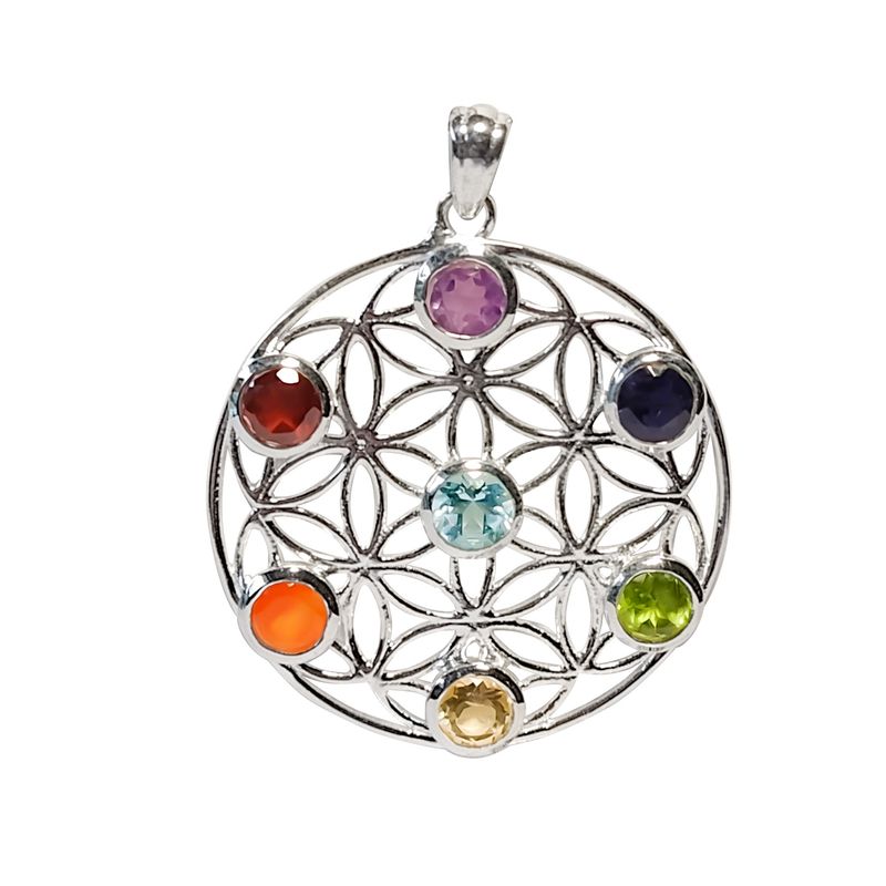ANDREA COGGIOLA JOYAS - Colgante Flor de la Vida y 7 Chakras Piedras Naturales Plata Fina 925