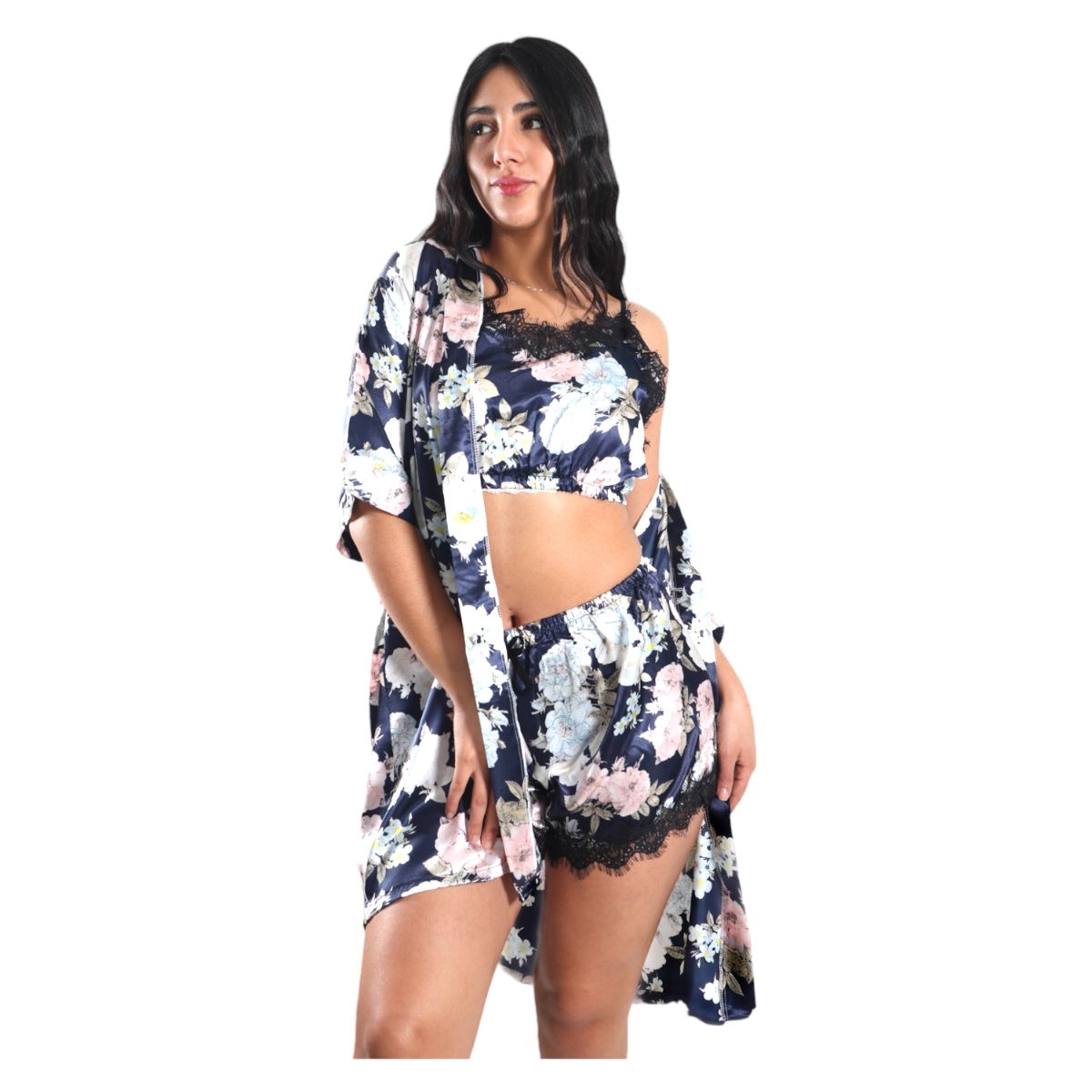 MEDIA LUNA - Pijama Crop Top con Short  Y Bata Satinada Diseño Floreado