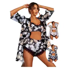 MEDIA LUNA - Pijama Crop Top con Short Y Bata Satinada Diseño Floreado