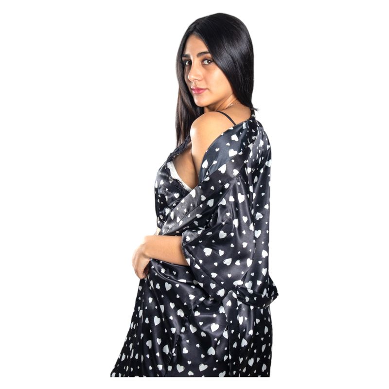 MEDIA LUNA - Pijama Crop Top con Short  Y Bata Satinada Diseño Corazones