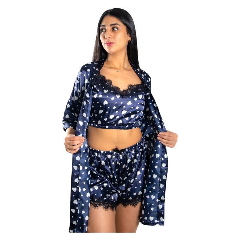 MEDIA LUNA - Pijama Crop Top con Short  Y Bata Satinada Diseño Corazones